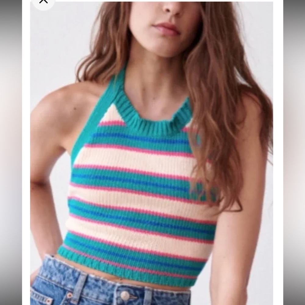 Zara Knit Halter Top Striped Open Back Tie Crop Green Pink Cream Size L